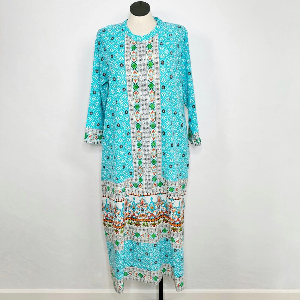 NWT La Cera Zip Front Caftan Aqua Floral Housedress Mumu Coverup Boho Size 1X